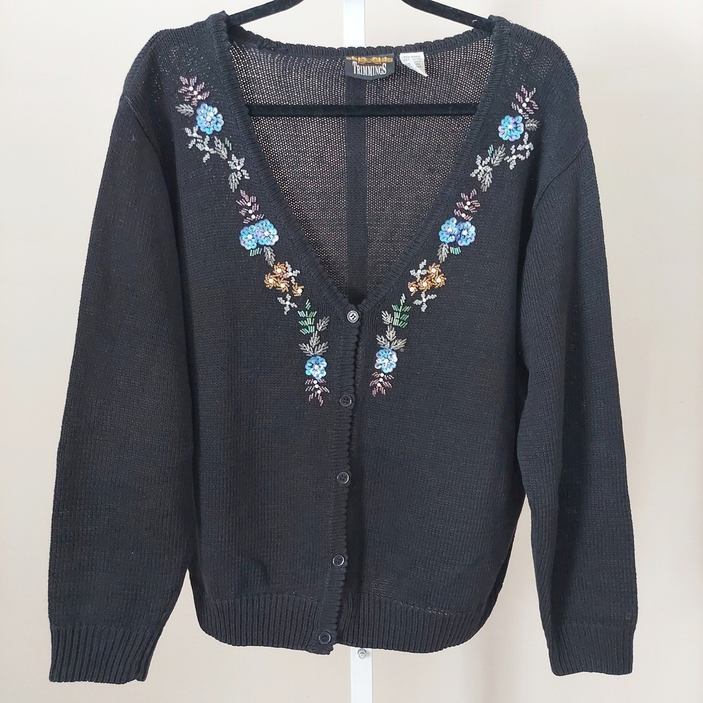 Vintage Trimmings Black Beaded‎ Floral Sequin Oversized Cardigan Sweater Size M